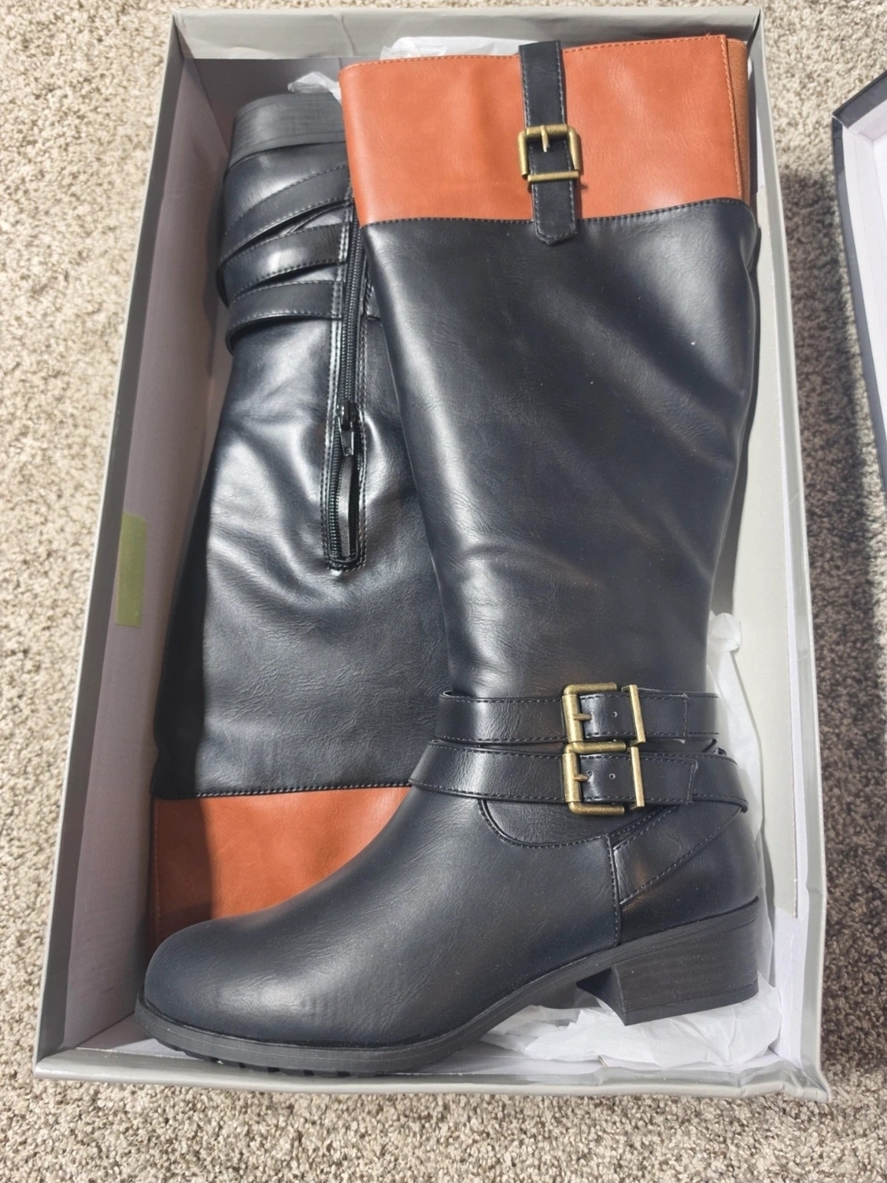 Two-Tone Black and Brown Mid-Calf Buckle Heeled Boots by